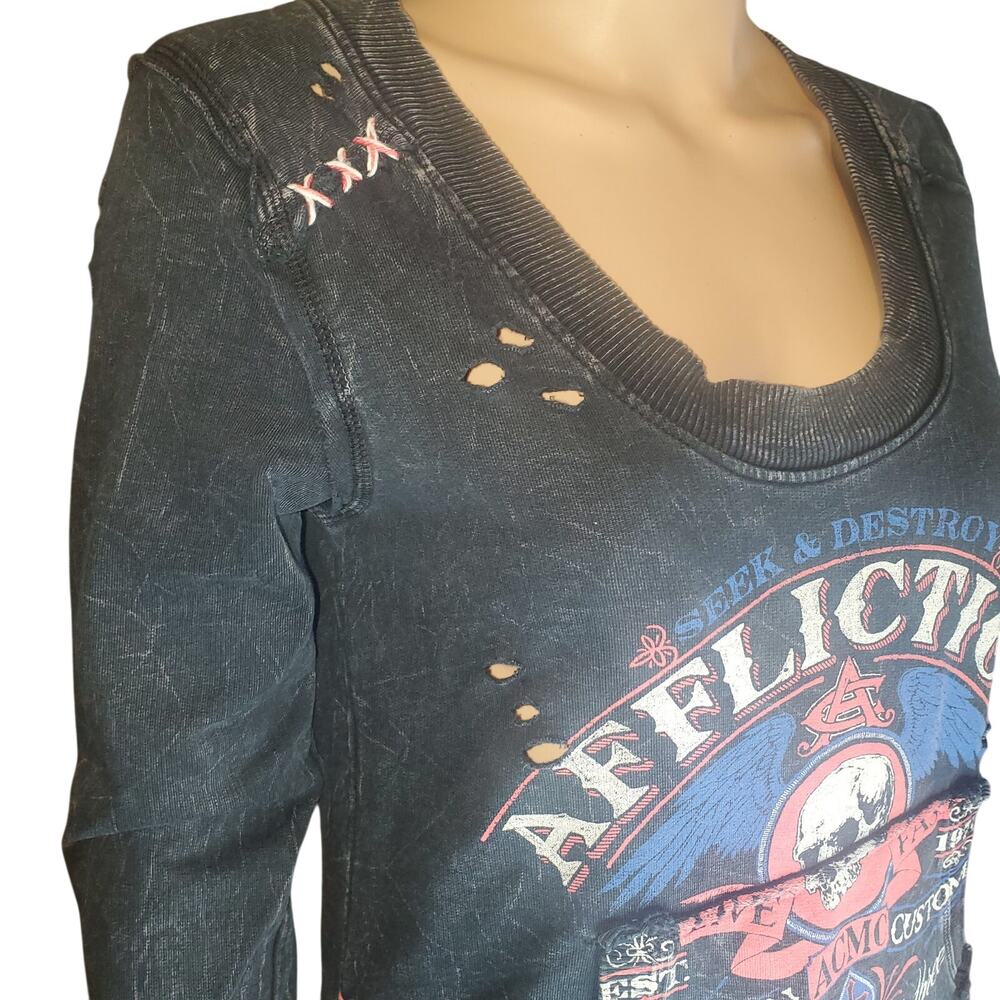 Vintage Y2K Affliction Distressed Skull Wing Mineral Wash Sweatshirt Women's M - Picture 3 of 9